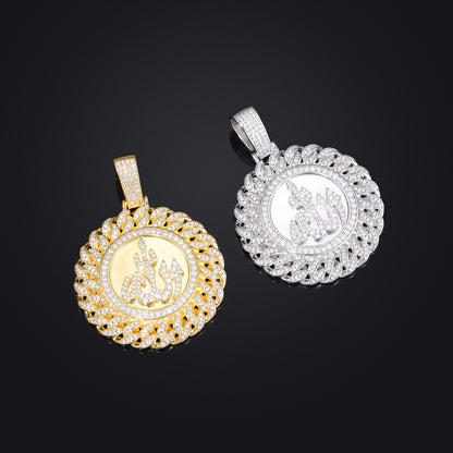 Men’s Arabic Calligraphy Pendant Necklace with Iced Zircon Circle Frame Rope Chain