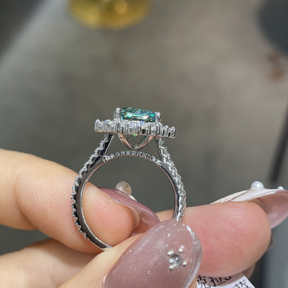 Green Moissanite Halo Ring, 8x10mm 4 Carat Emerald Cut, S925 Gold-Plated Ring for Women