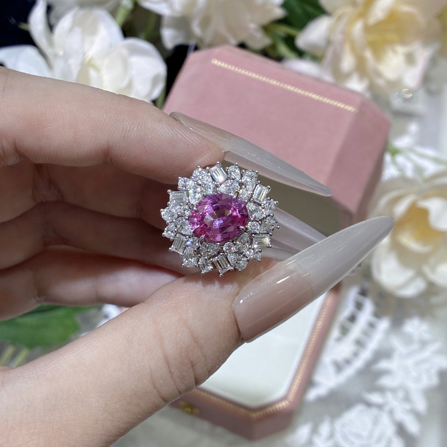 Pink Sapphire Halo Ring, S925 Silver Oval Cluster Ring for Women product image