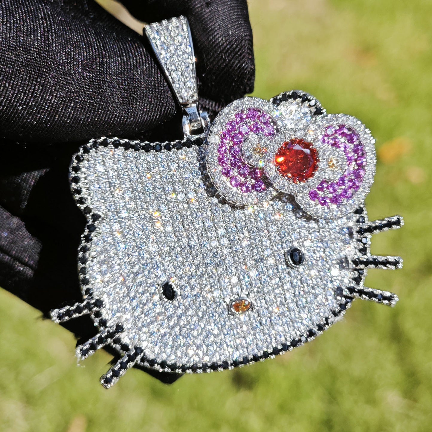 Iced Out Kitty Face Pendant Necklace Unisex Hip Hop Statement Jewelry