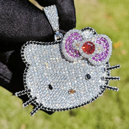 Iced Out Kitty Face Pendant Necklace Unisex Hip Hop Statement Jewelry