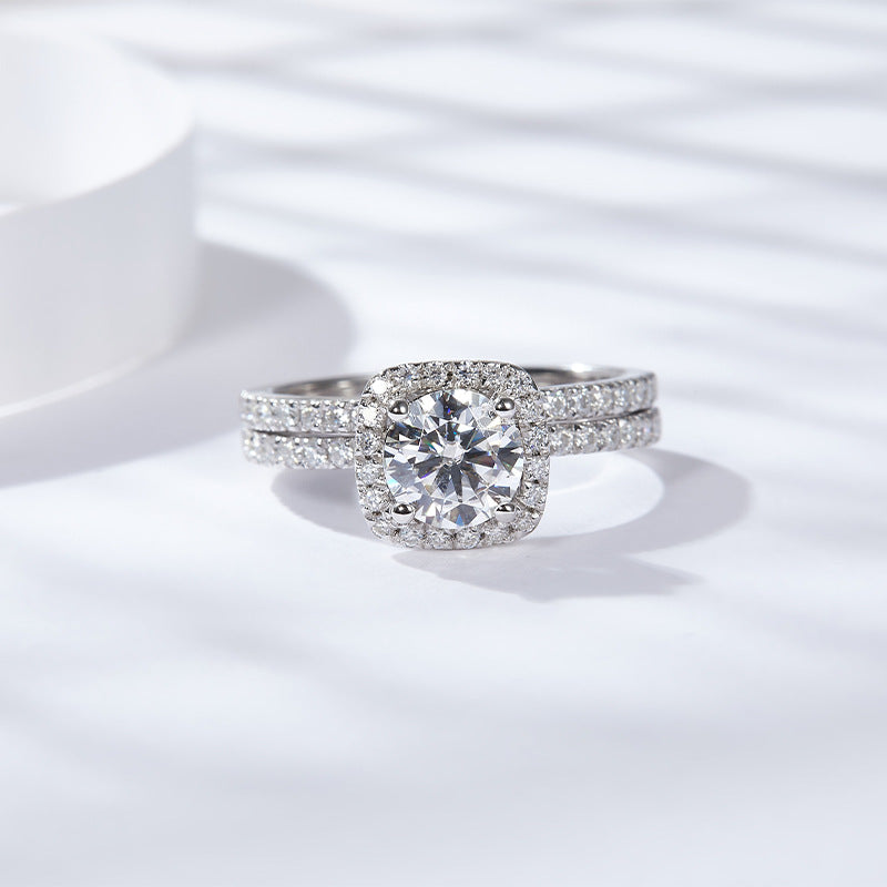 925 Silver 18K Gold Plated Moissanite Halo Ring, Double-Layer Square Cushion Ring product image