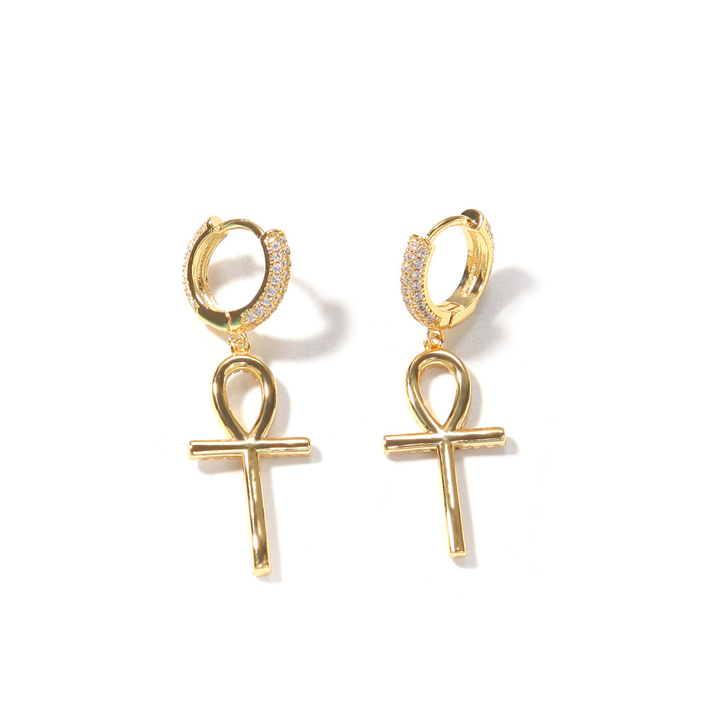 Unisex Ankh Cross Drop Earrings with Cubic Zirconia in Gold, Silver, and Rose Gold