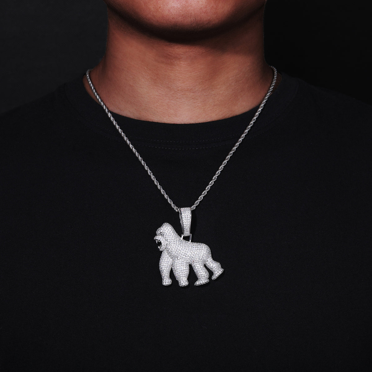 Iced Out Gorilla Pendant Necklace, Hip Hop Animal Charm Rope Chain product image