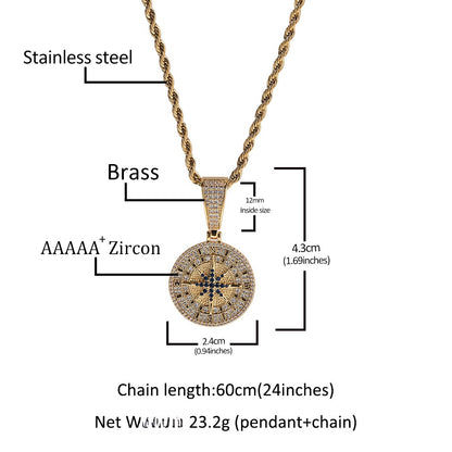 Iced Starry Compass Pendant Necklace with 24-Inch Twist Chain for Women