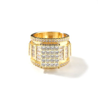 Men’s Gold Plated Square Cubic Zirconia Adjustable Statement Ring