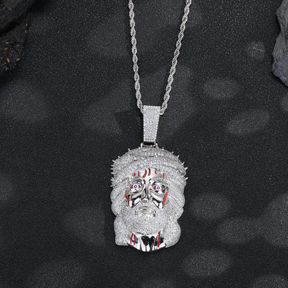 Iced Face Pendant Necklace, Hip Hop Cartoon Chain, White or Gold Tone