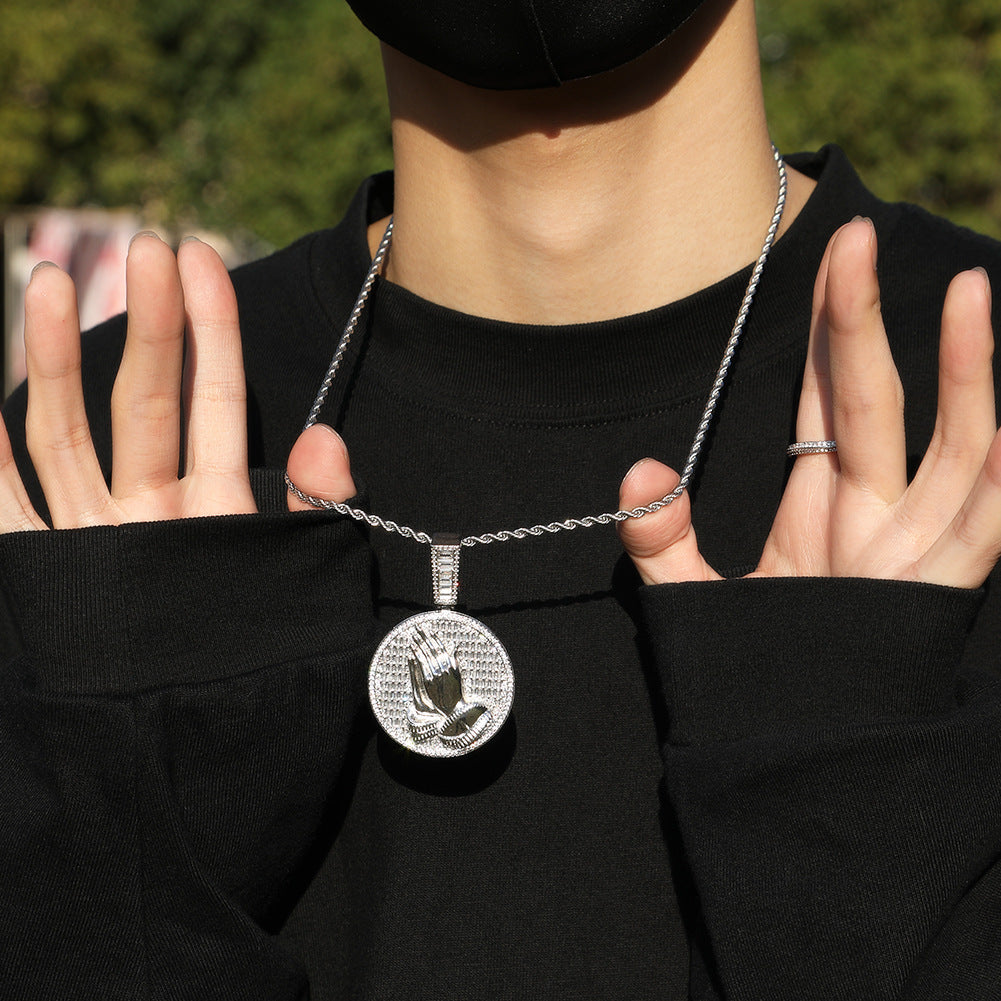 Iced Praying Hands Round Pendant Necklace with Cubic Zirconia Twist Chain for Women and Men