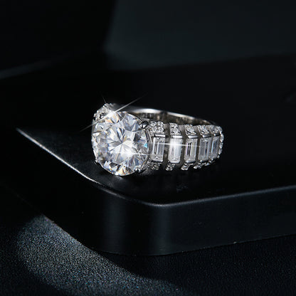 5 Carat Round Moissanite Ring with Baguette and Pavé Accents