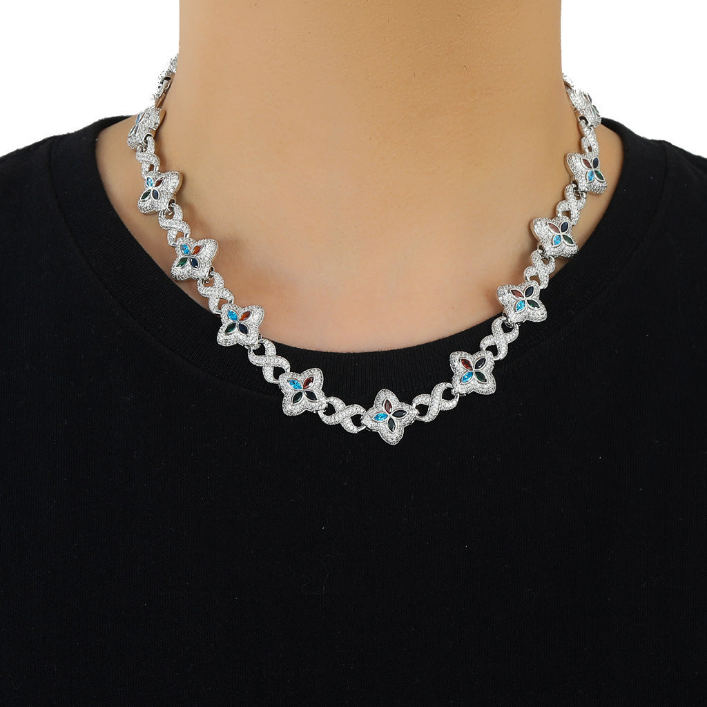 Hip Hop Four Leaf Clover Cubic Zirconia Necklace for Men