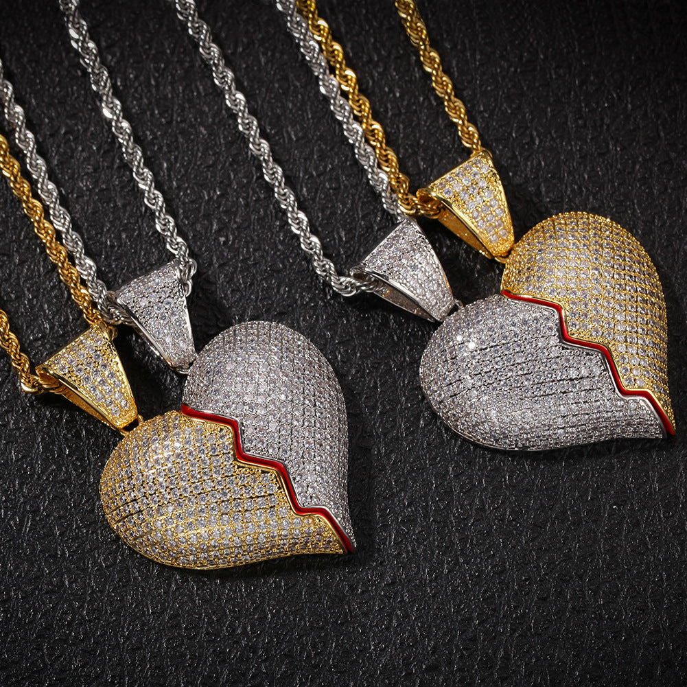 Iced Broken Heart Pendant Necklace Set for Couples – Cubic Zirconia Hip Hop Chain in Gold, Silver & Two-Tone