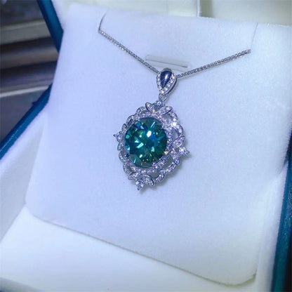 5-Carat Green Moissanite Pendant Necklace with Floral Halo Chain