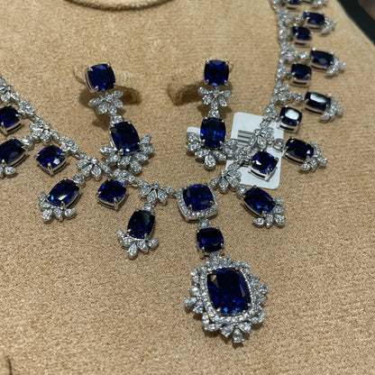 Blue Cushion-Cut Halo Jewelry Set, Ring Necklace Earrings, S925 Silver