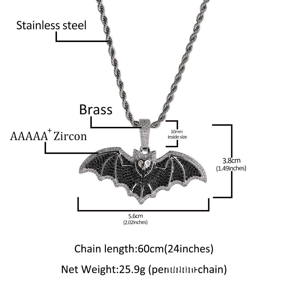Bat Pendant Necklace for Women, Silver Black Cubic Zirconia Statement Chain Necklace, Hip Hop Gothic Jewelry