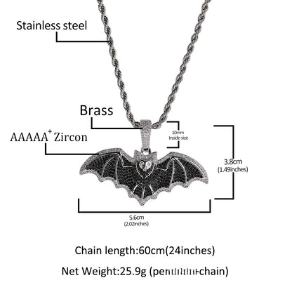 Bat Pendant Necklace for Women, Silver Black Cubic Zirconia Statement Chain Necklace, Hip Hop Gothic Jewelry