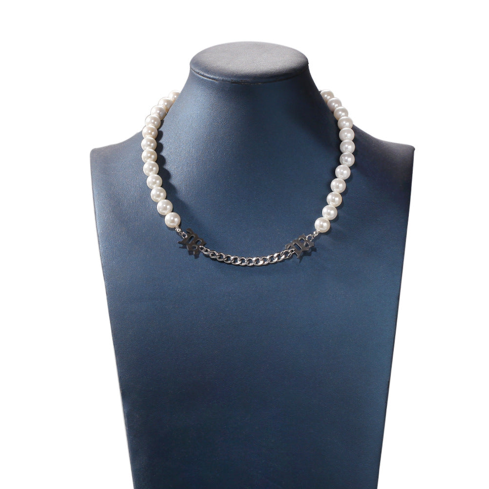 Unisex Pearl Chain Necklace with Circular Link Detail - Trendy Statement Pendant Necklace product image