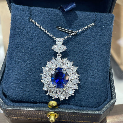 Blue Sapphire Necklace and Earrings Set, Lab-Grown Sapphire Halo Crystal Jewelry