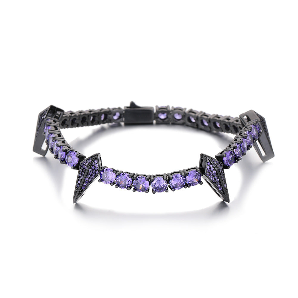 Purple Cubic Zirconia Spike Tennis Chain Bracelet and Necklace Set, Unisex Hip Hop Jewelry