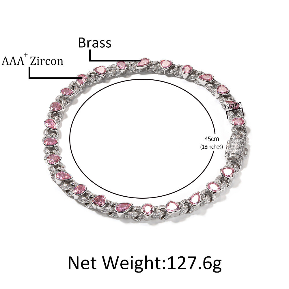 Silver Plated Pink Cubic Zirconia Heart Chain Necklace Bracelet for Women