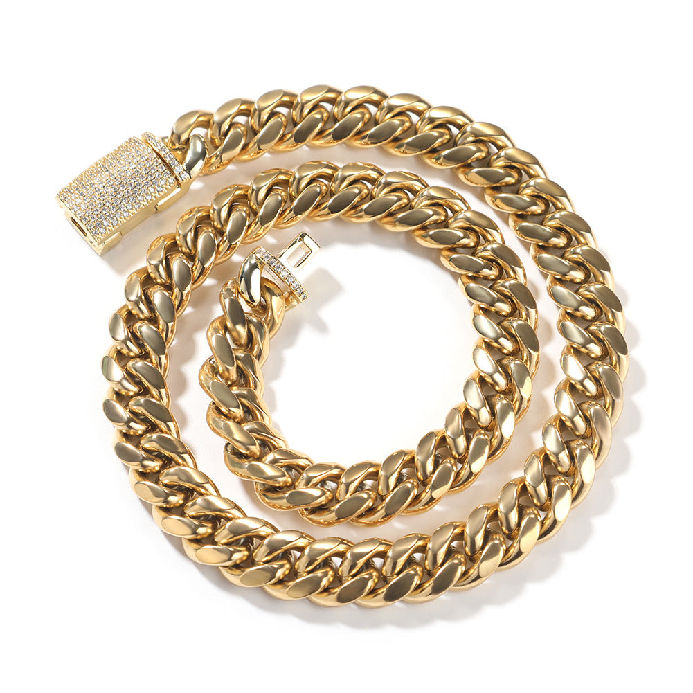 Iced Cuban Link Chain Necklace & Bracelet in Stainless Steel with Cubic Zirconia Clasp - Unisex Hip Hop Statement Jewelry