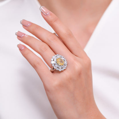 Oval Yellow Center Stone Halo Ring, S925 Silver 18K Gold Plated Ring for Women