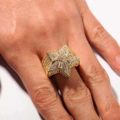Unisex Hip Hop Star Ring with Cubic Zirconia - Gold or Silver Statement Ring