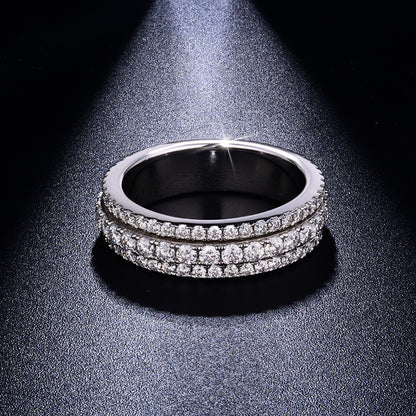 Moissanite Triple-Row Rotating Ring, S925 Silver 18K Gold Plated Unisex Band