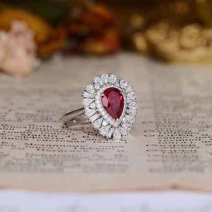Lab-Created Ruby Halo Ring, Pear-Shaped 18K Gold Plated S925 Silver