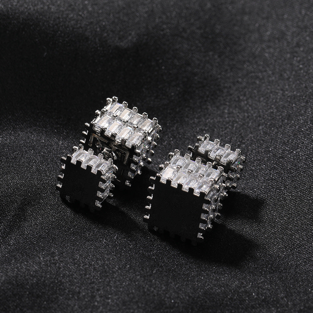 Unisex Square Cubic Zirconia Stud Earrings in Gold or Silver Tone Hip Hop Statement Jewelry