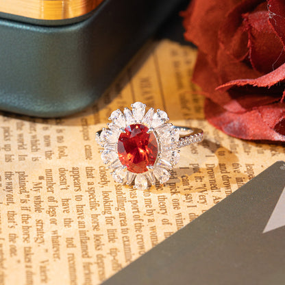 Ruby Red Oval Halo Matching Jewelry Set, Ring, Earrings & Pendant
