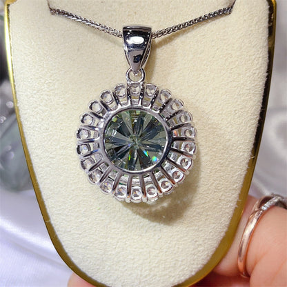20 Carat Green Moissanite Halo Pendant Necklace for Women, Round Oversized Statement Necklace