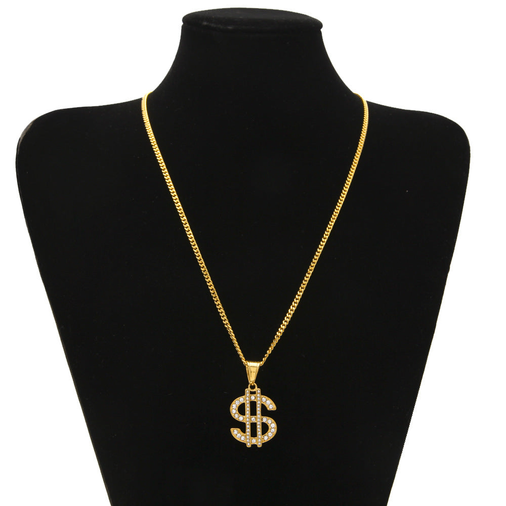 Gold Plated Stainless Steel Dollar Sign Pendant Necklace with 3mm Cuban Chain