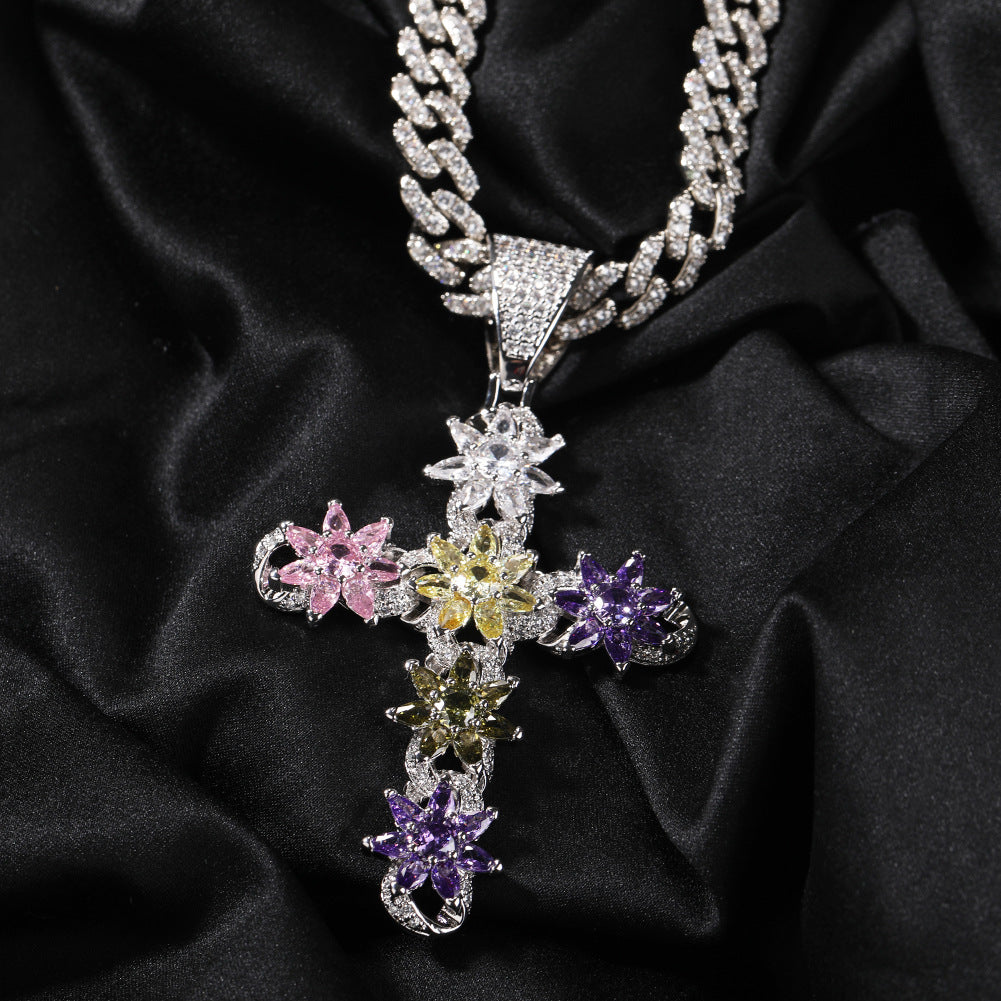Silver Plated Cross Necklace with Multicolor Cubic Zirconia Pendant - Hip Hop Statement Chain for Women product image