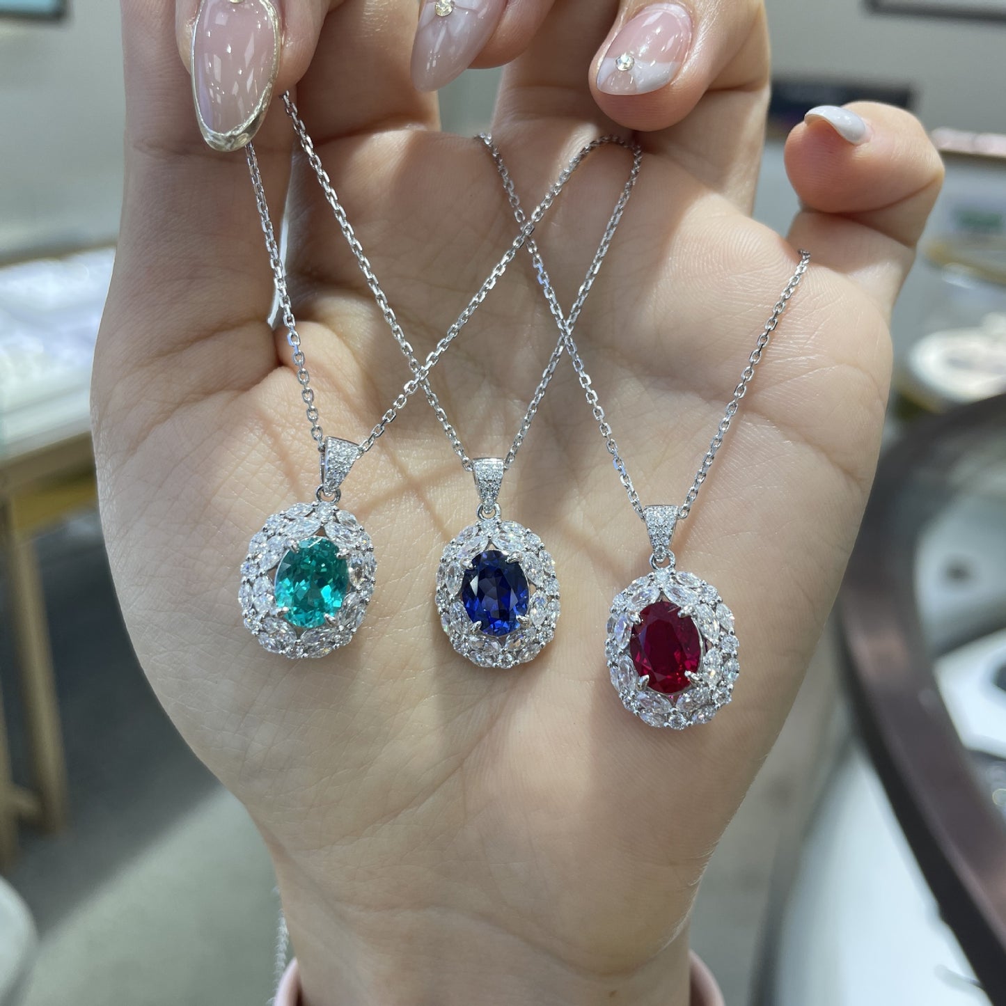 Oval Lab-Grown Colored Gemstone Halo Pendant Necklace for Women product image