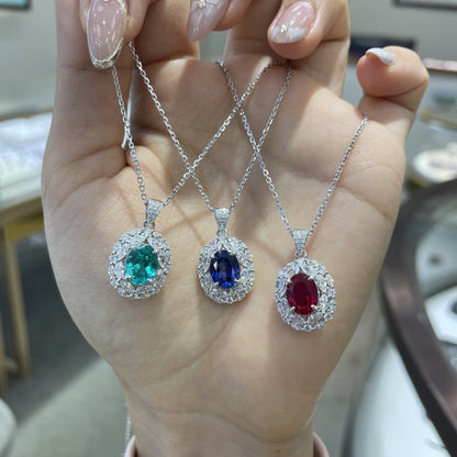 Oval Lab-Grown Colored Gemstone Halo Pendant Necklace for Women