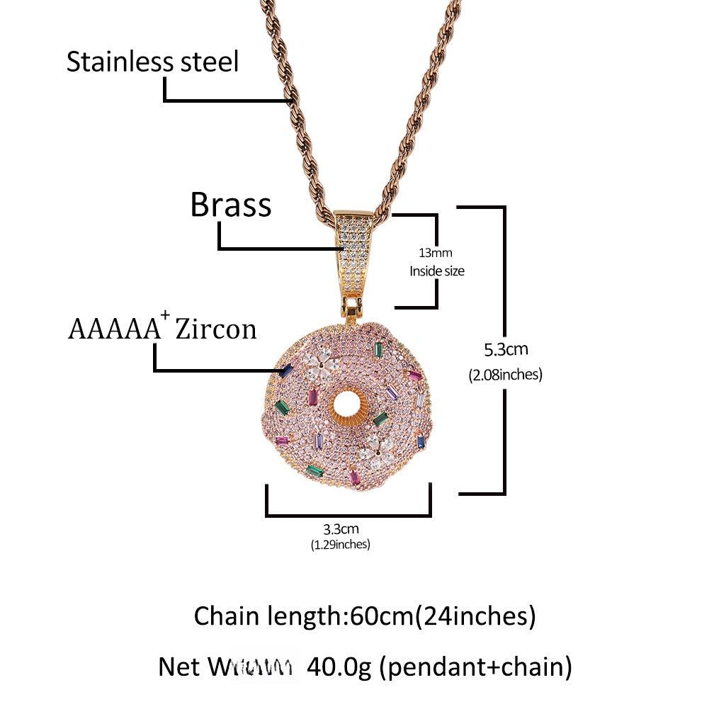 Iced Donut Pendant Necklace for Women with Cubic Zirconia Twisted Chain, Gold or Silver Statement Hip Hop Jewelry