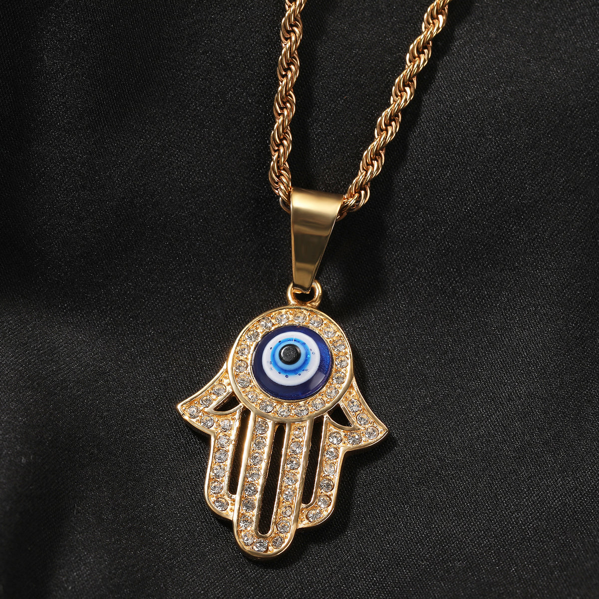 Gold Plated Evil Eye Hamsa Hand Pendant Necklace with Cubic Zirconia Hip Hop Statement Chain product image