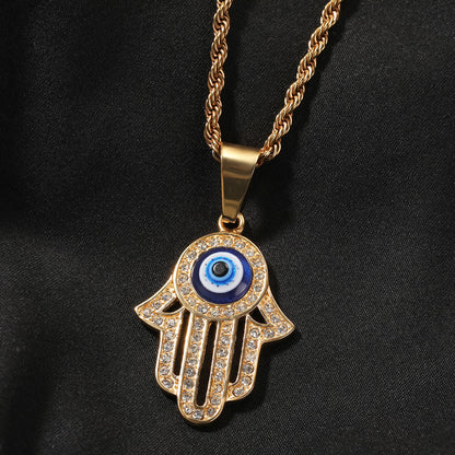 Gold Plated Evil Eye Hamsa Hand Pendant Necklace with Cubic Zirconia Hip Hop Statement Chain