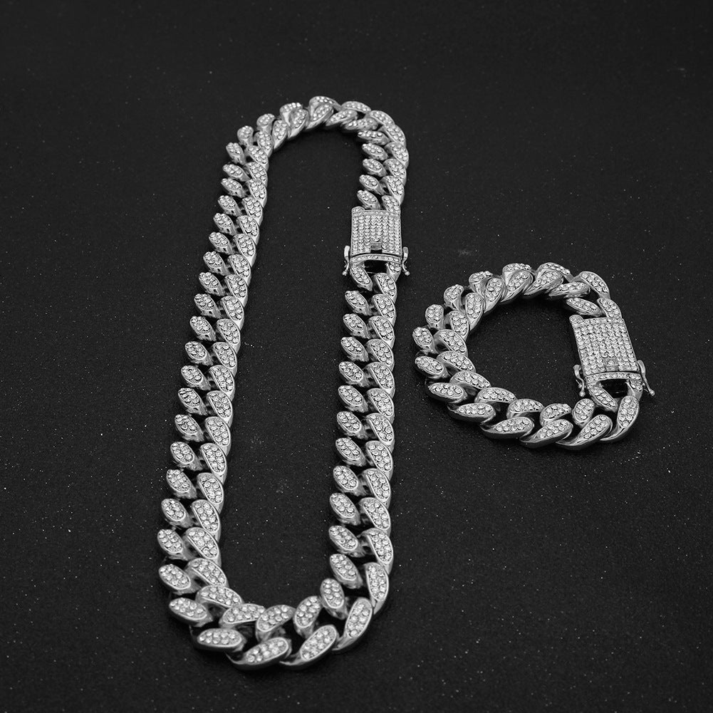 Iced Cuban Link Chain Necklace & Bracelet Set for Men, Gold Plated Statement Hip Hop Chain in Gold, Silver & Rose Gold
