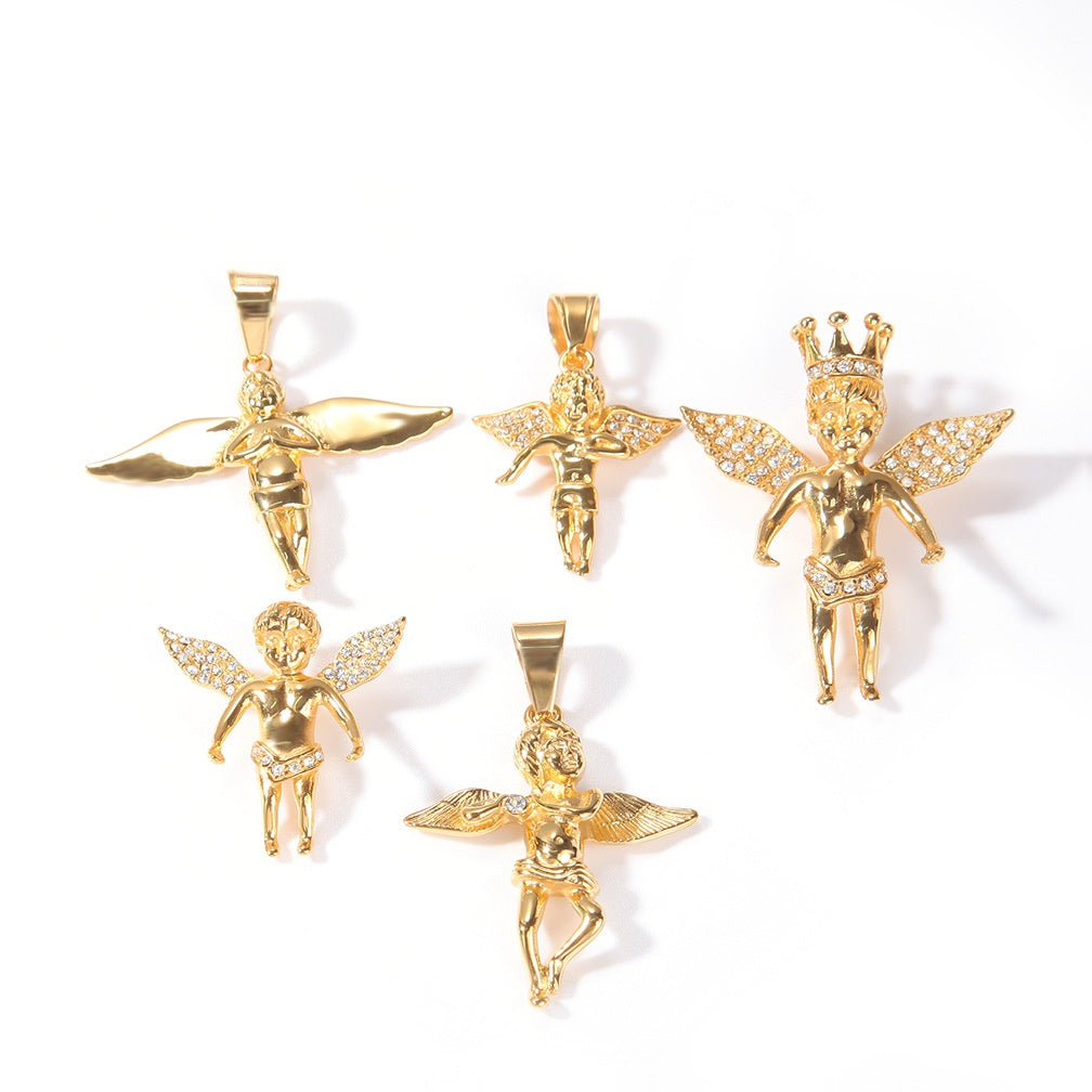 Iced Angel Pendant Necklace for Women & Men – Stainless Steel Gold Tone Chain Necklace with Crown Angel Charm