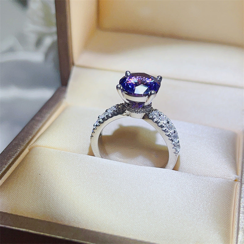 Purple Moissanite Ring for Women, Round Cut Engagement Ring with Pavé Band product image