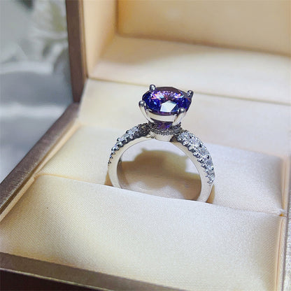 Purple Moissanite Ring for Women, Round Cut Engagement Ring with Pavé Band