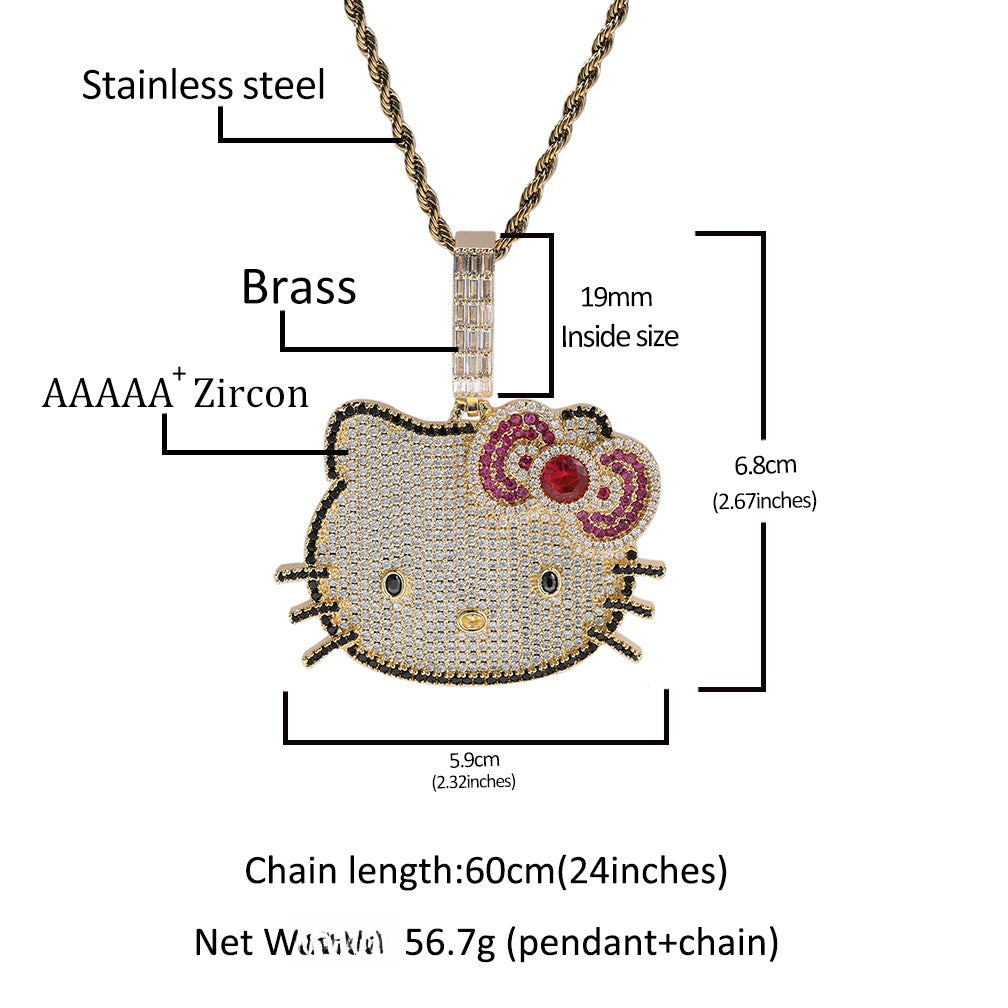 Iced Cat Pendant Necklace with Cubic Zirconia Twisted Chain for Women and Men