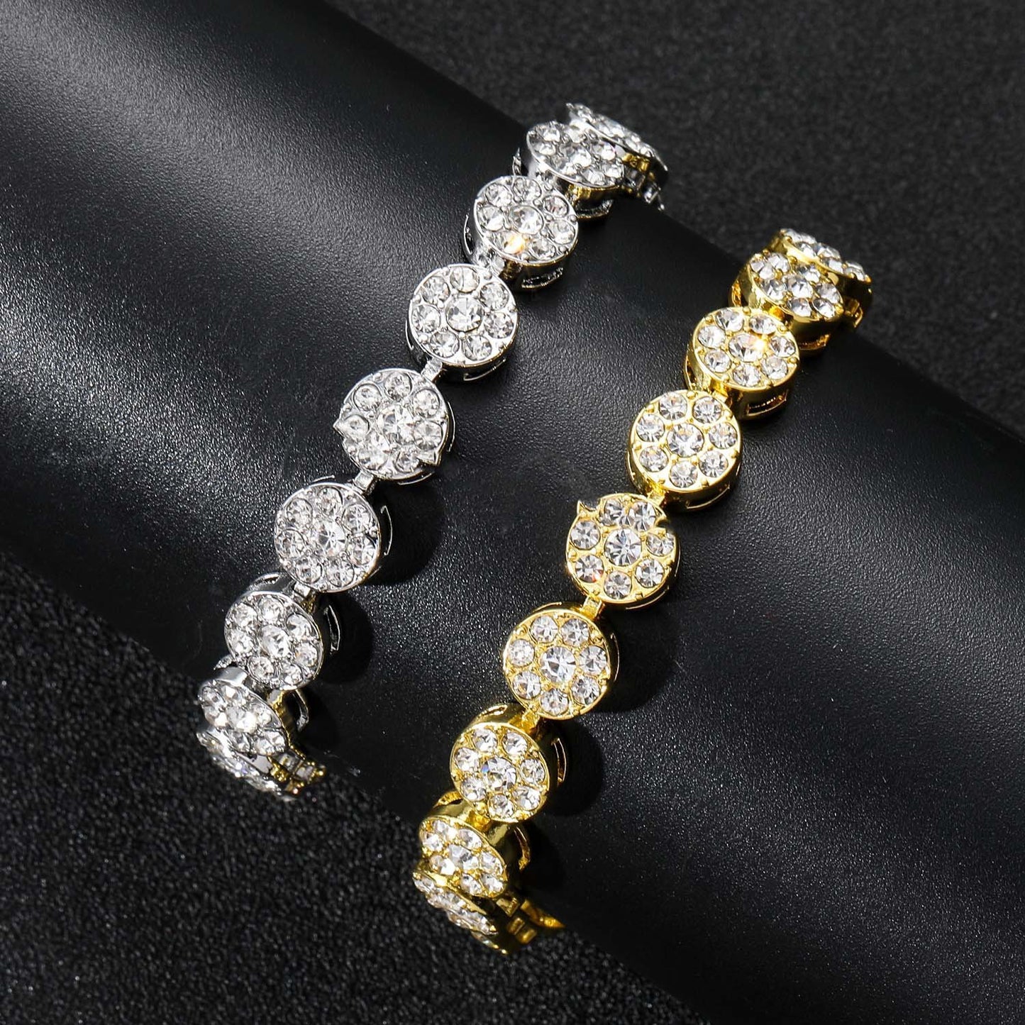 Hip Hop Floral Round Iced Link Alloy Bracelet for Men and Women