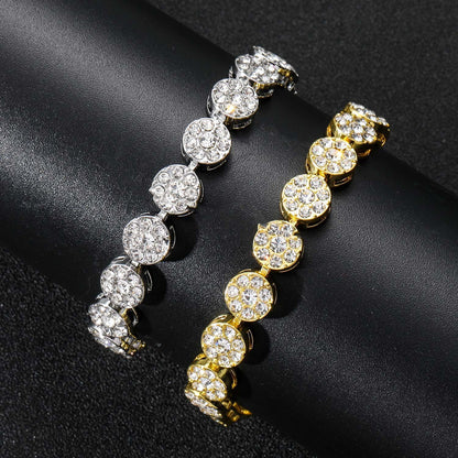 Hip Hop Floral Round Iced Link Alloy Bracelet for Men and Women