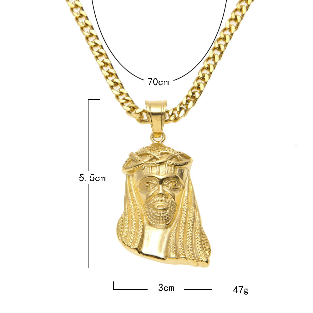 Gold-Tone Stainless Steel Jesus Face Pendant Necklace for Men with 5mm Cuban Chain