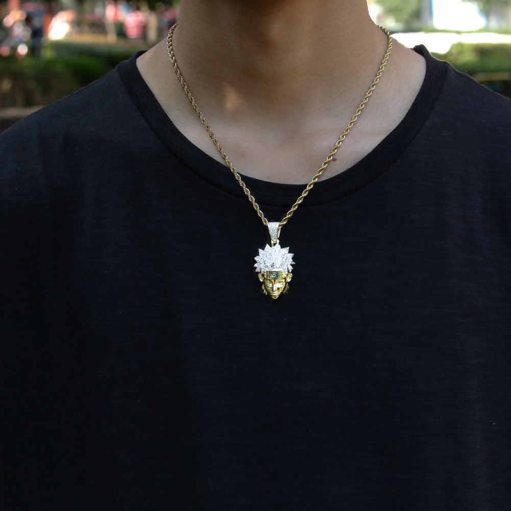 Iced Cartoon Character Pendant Necklace with Cubic Zirconia – Gold Tone or Silver Tone Twisted Chain, Unisex Hip Hop Statement Jewelry