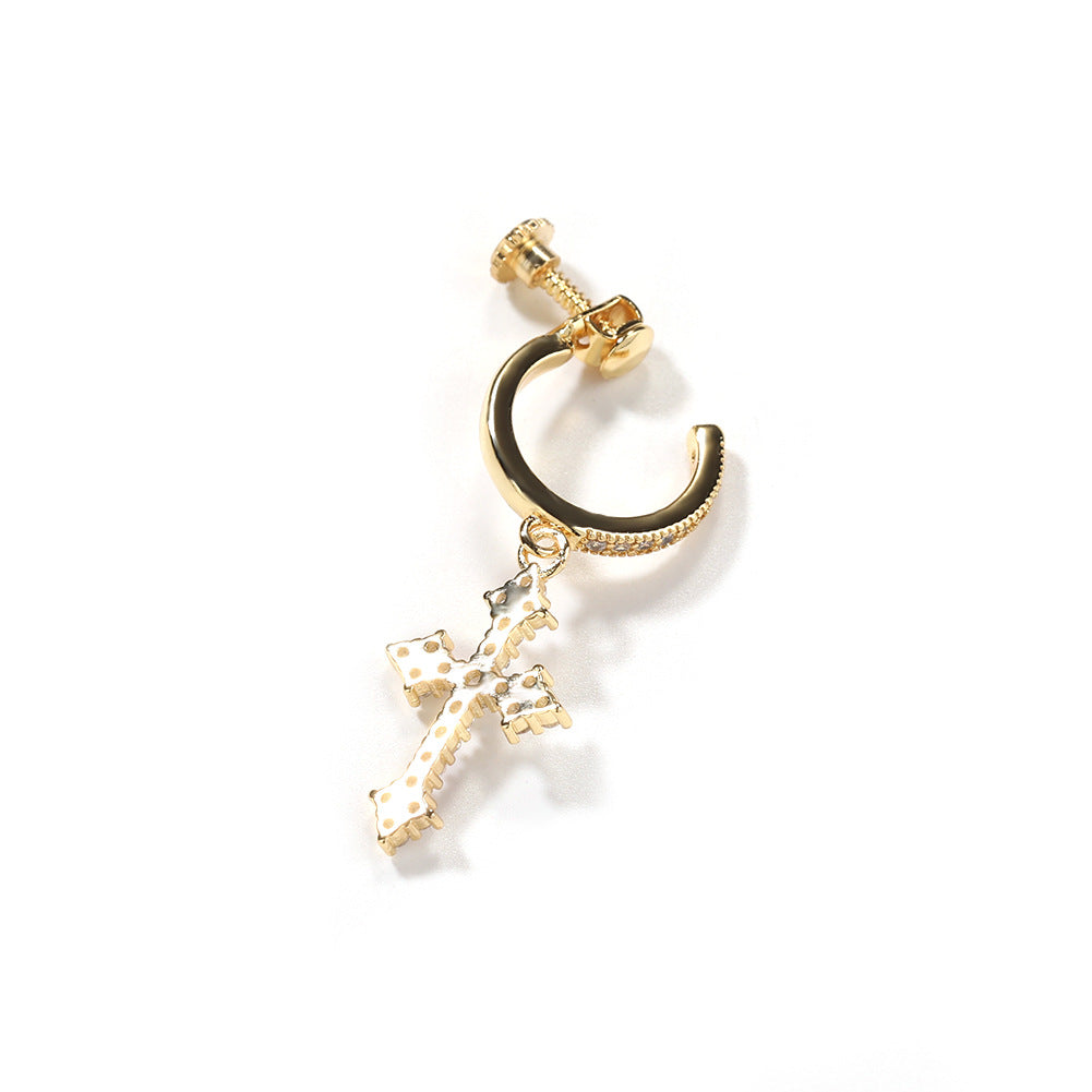 Men’s Cross Dangle Hoop Earrings with Cubic Zirconia – Gold Plated & Silver Plated Spiral Clip Style