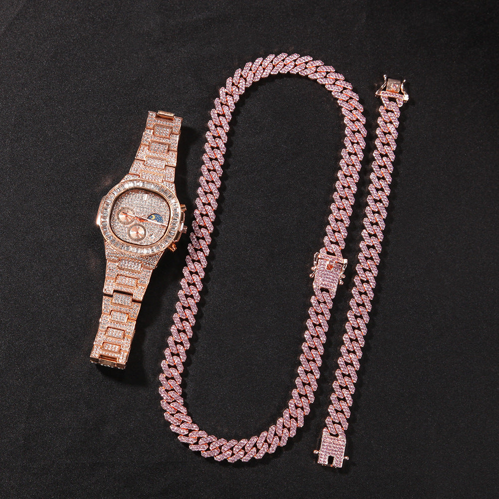 Iced Out Cuban Link Necklace Bracelet & Watch Set for Women and Men – 12mm Cubic Zirconia Statement Chain Jewelry Set