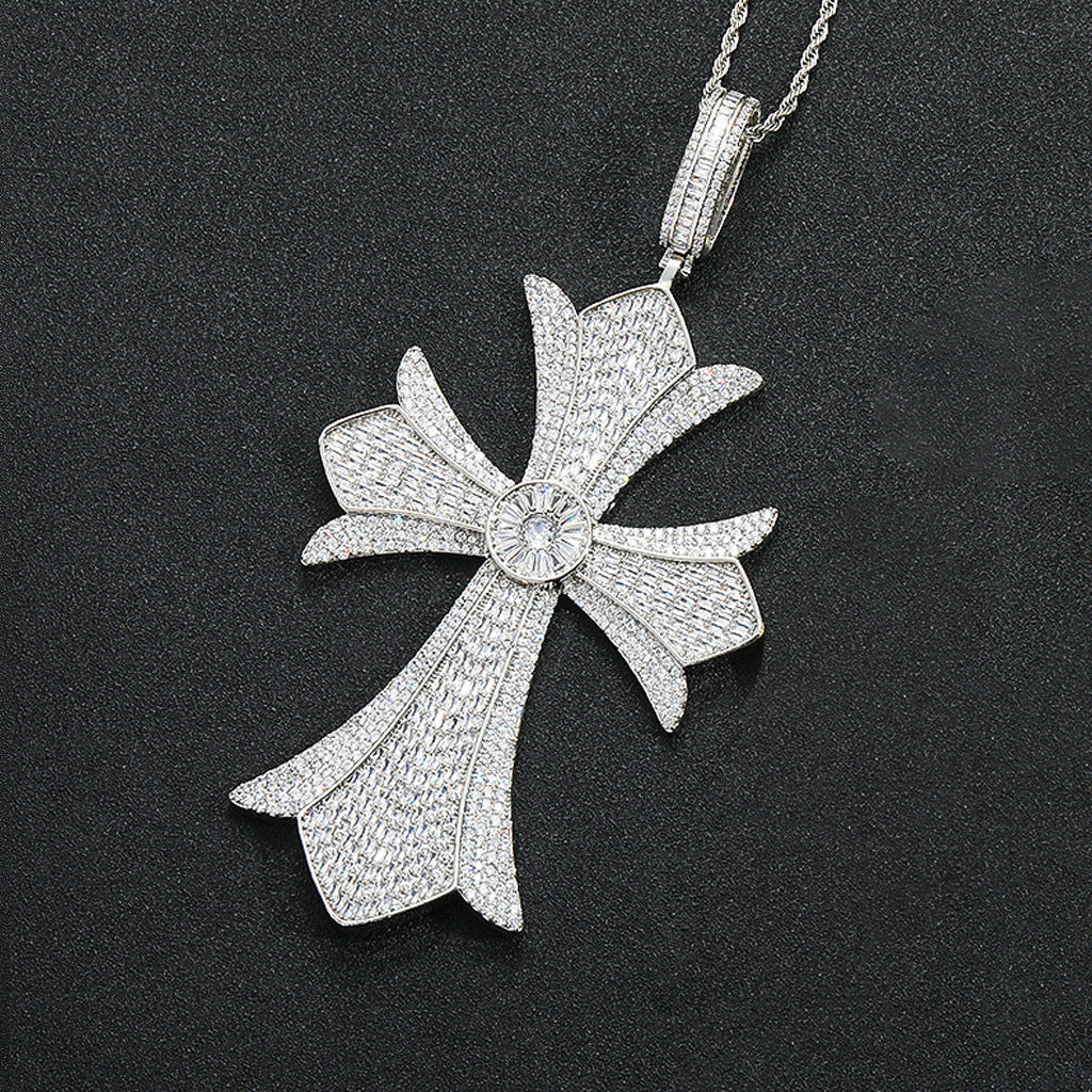 Hip Hop Vintage Cross Floral Copper Pendant Necklace for Men and Women